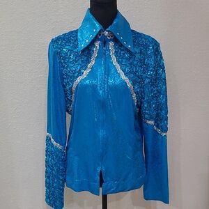 Women's Wester Rodeo Show Performance Bright Blue Shirt With Measurements